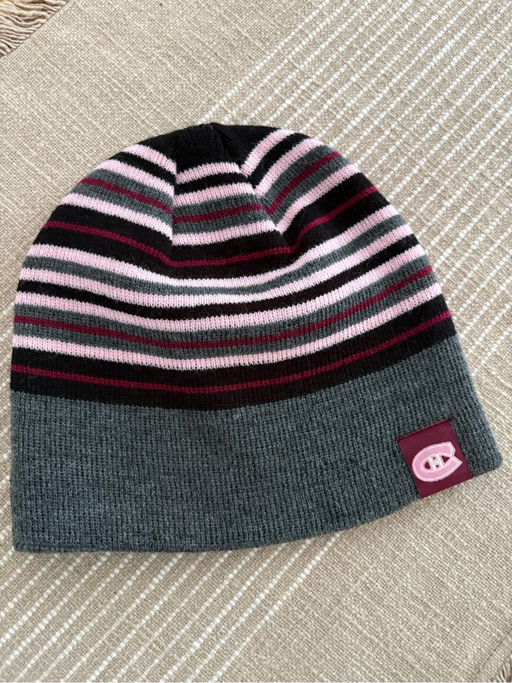 Striped Knit Montreal Canadians Beanie - Pink, Gray & Black - Women